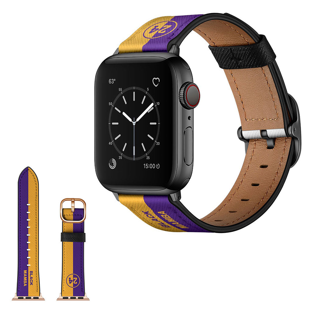 Apple Watch Series 6 / 5 44mm tyylikäs nahkainen ranneke - Keltainen + Violetti Raidat