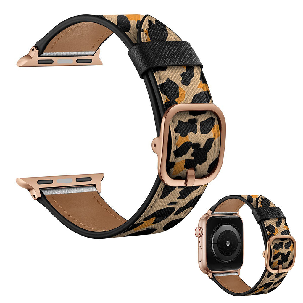 Apple Watch Series 6 / 5 44mm aitoa nahkaa oleva ranneke - Keltainen Leopardipainatus