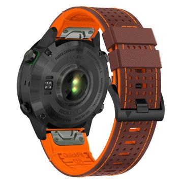 Garmin Fenix 7 / 7 Pro kellonhihna 22mm nahka + silikoni - Kahvi + Oranssi