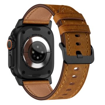 Apple Watch Series 49mm - 45mm - 44mm - 42mm aito naudannahkaranneke - Musta Liitin + Punainen Ruskea