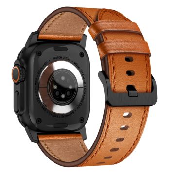 Apple Watch Series 49mm - 45mm - 44mm - 42mm aito naudannahkaranneke - Musta Liitin + Ruskea