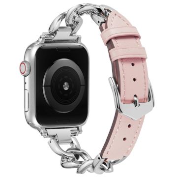 Apple Watch Series 49mm - 45mm - 44mm - 42mm sinkkiseos + lehmännahkainen kellonhihna - Pinkki + Hopea