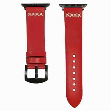 KALEBOL Apple Watch Series 49mm - 45mm - 44mm - 42mm Cross-Stitch Leather Strap - Red