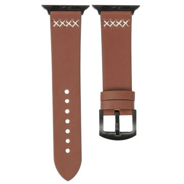 KALEBOL Apple Watch Series 49mm - 45mm - 44mm - 42mm Cross-Stitch Leather Strap - Brown