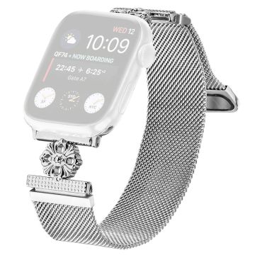 Apple Watch Series 49mm - 45mm - 44mm - 42mm Band Flower Magnetic Mesh Watch Strap - Silver