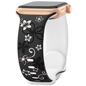 Apple Watch Series 49mm - 45mm - 44mm - 42mm Silicone Floral Band - Black  /  White