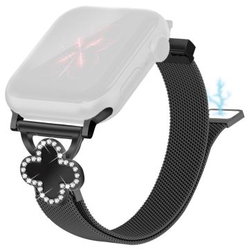 Milanese Band Apple Watch Series 10 46mm / Ultra 2 Ultra 49mm / Series 9 8 7 45mm / SE (2023) SE (2022) SE 6 5 4 44mm / 3 2 1 42mm Watch Strap with Clover Connector, Size: S - Black