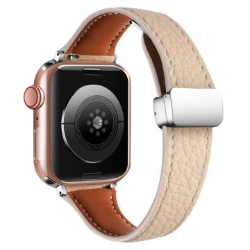 Leather Watch Band Apple Watch Series 10 46mm Litchi Texture Strap with Folding Buckle - Apricot