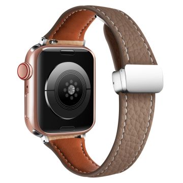 Leather Watch Band Apple Watch Series 10 46mm Litchi Texture Strap with Folding Buckle - Dark Tan