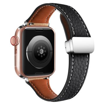 Leather Watch Band Apple Watch Series 10 46mm Litchi Texture Strap with Folding Buckle - Black