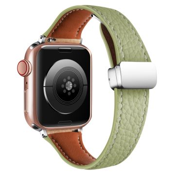 Leather Watch Band Apple Watch Series 10 46mm Litchi Texture Strap with Folding Buckle - Avocado Green