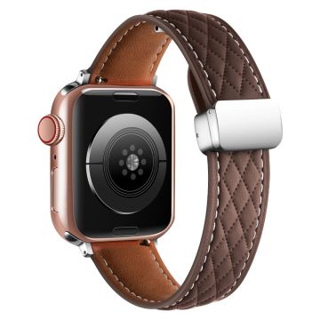 Leather Watch Band Apple Watch Series 10 46mm Rhombus Texture Strap with Folding Buckle - Coffee