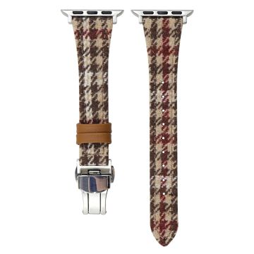 Wool and Leather Strap Apple Watch Series 10 46mm Houndstooth Pattern - Red+Brown