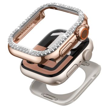 Watch Case Apple Watch SE (2023) Rhinestone Decor Hollow Bump Resistant Frame Cover - Rose Gold+Silver Dial