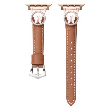 Leather Strap Apple Watch Series 10 46mm Rhinestone Butterfly Band - Brown+Rose Gold Buckle