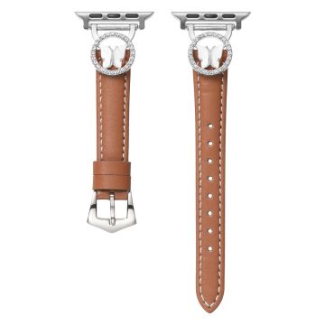 Leather Strap Apple Watch Series 10 46mm Rhinestone Butterfly Band - Brown+Silver Buckle