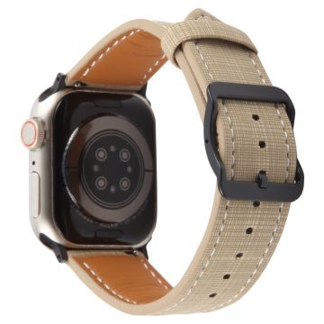 Watch Band Apple Watch Series 10 46mm Checkered Pattern Day-Shaped Buckle Leather Strap - Khaki