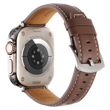 KALEBOL Genuine Cow Leather Watch Strap Apple Watch Series 10 46mm Flat Texture Band - Dark Brown