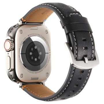 KALEBOL Genuine Cow Leather Watch Strap Apple Watch Series 10 46mm - Crazy Horse Texture Black