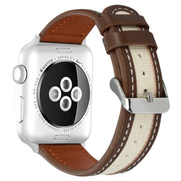 Apple Watch 49mm / 45mm / 44mm / 42mm lehmännahasta ja kankaasta valmistettu ranneke - Tumman Ruskea / Valkoinen