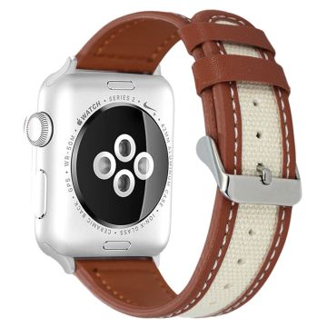 Apple Watch 49mm / 45mm / 44mm / 42mm lehmännahasta ja kankaasta valmistettu ranneke - Ruskea / Valkoinen