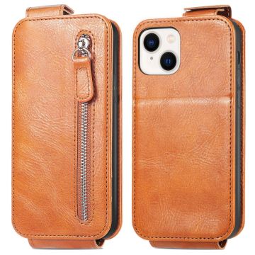 Vertical Flip Phone Suojakotelo With Zipper For iPhone 15 - Ruskea