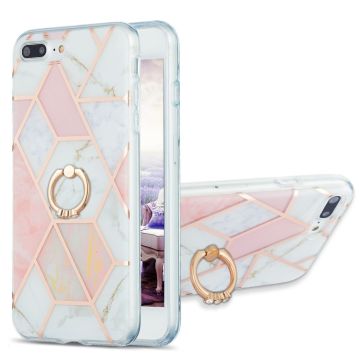 Marble Patterned Suojakuori With Ring Holder For iPhone 8 Plus - Pinkki / Valkoinen