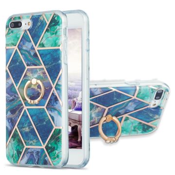 Marble Patterned Suojakuori With Ring Holder For iPhone 8 Plus - Sininen / Vihreä