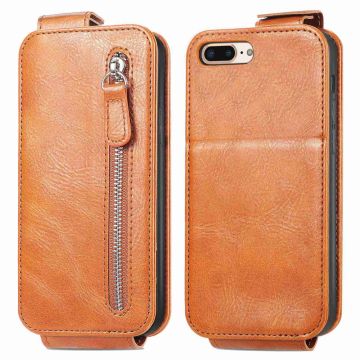 Vertical Flip Phone Suojakotelo With Zipper For iPhone 7 Plus / 8 Plus - Ruskea