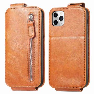 Vertical Flip Phone Suojakotelo With Zipper For iPhone 11 Pro - Ruskea