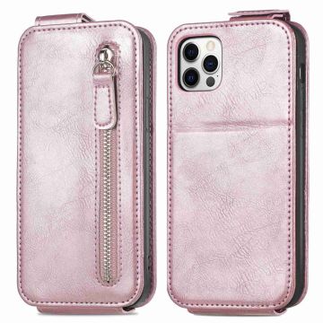 Vertical Flip Phone Suojakotelo With Zipper For iPhone 12 / 12 Pro - Ruusukulta