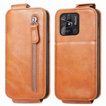 Vertical Flip Phone Suojakotelo With Zipper For Xiaomi Redmi 10C - Ruskea