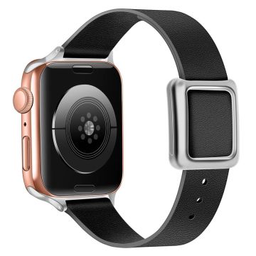 Apple Watch Series 8 (41mm) aito nahkaranneke hopeisella soljella - Musta