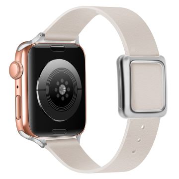 Apple Watch Series 8 (45mm) / Watch Ultra aito nahkaranneke hopeisella soljella - Starlight Väri