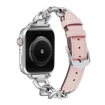 Apple Watch Series 8 (41mm) metalliketju nahkahihnalla - Hopea / Pinkki