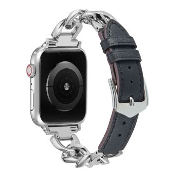 Apple Watch Series 8 (41mm) metalliketju nahkahihnalla - Hopea / Musta