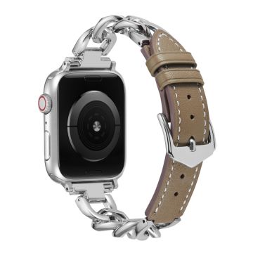 Apple Watch Series 8 (41mm) metalliketju nahkahihnalla - Hopea / Harmaa