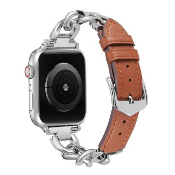 Apple Watch Series 8 (41mm) metalliketju nahkahihnalla - Hopea / Ruskea