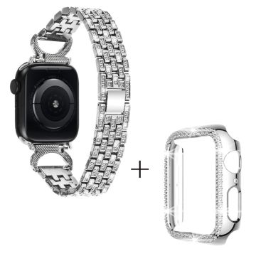 Apple Watch SE 2022 (44mm) strassikoristeinen 5-helmikoristeinen metalliranneke suojuksella - Hopea