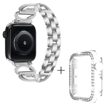 Apple Watch SE 2022 (44mm) X-Shape strassikoristeinen metalliranneke kirkkaalla suojuksella - Hopea