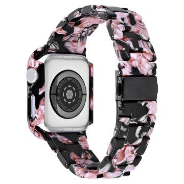 Apple Watch SE 2022 (44mm) / SE / 6 / 5 / 4 hartsityylinen ranneke suojuksella - Musta Vaaleanpunainen Kukka