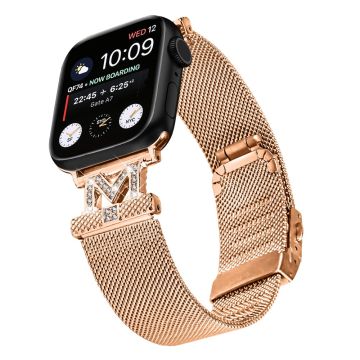 Apple Watch Series 9 45mm / Ultra 2 strassikivinen milanese ruostumattomasta teräksestä valmistettu ranneke - Ruusukulta