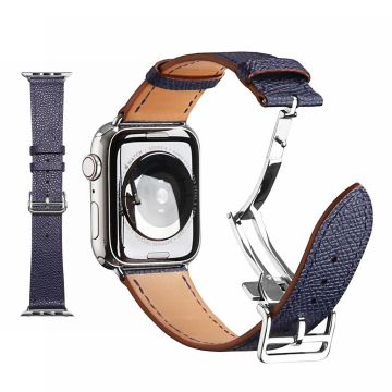 Aitoa nahkaa hopea solki kellonauha Apple Watch Series 6 / 5 44mm - Tummansininen