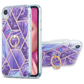 Marble Patterned Suojakuori With Ring Holder For iPhone Xr - Tumma Violetti