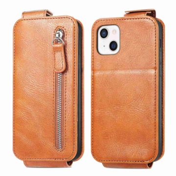 Vertical Flip Phone Suojakotelo With Zipper For iPhone 13 Mini - Ruskea